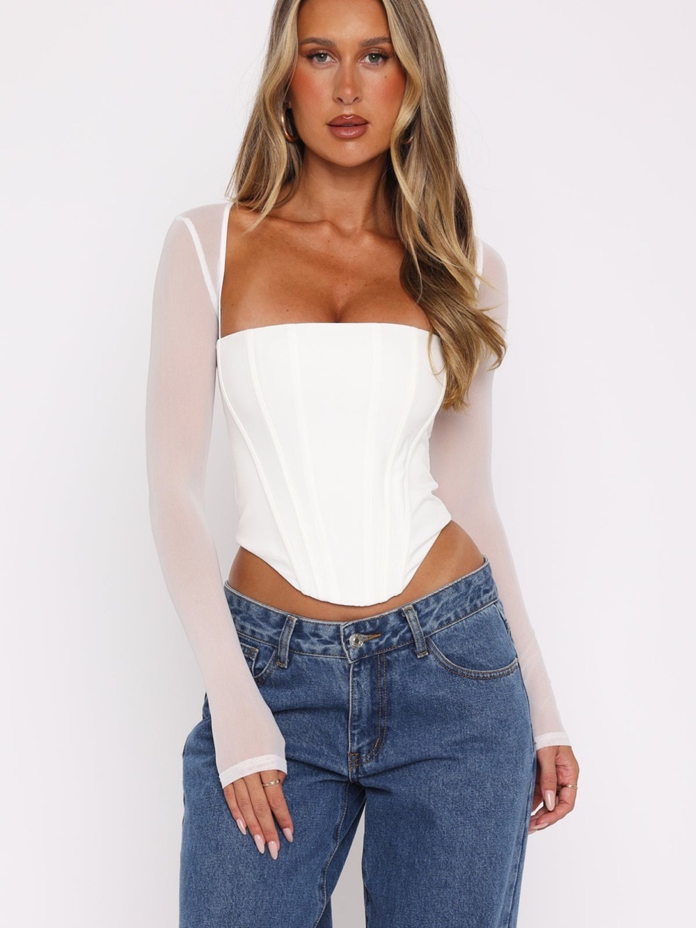 White Fox Boutique White Mesh Sleeve Corset Camisole